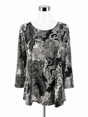 Travel Elements Paisley Print Tunic Top Black White Gold 3/4 Sleeve XL